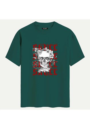 Unisex Bisiklet Yaka %100 Organik Pamuklu Kalın Dokulu Skull Baskılı Oversize T-shirt - KOYU YEŞİL