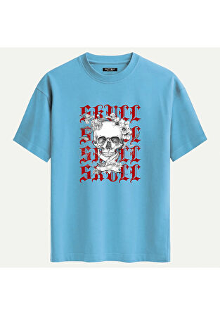 Unisex Bisiklet Yaka %100 Organik Pamuklu Kalın Dokulu Skull Baskılı Oversize T-shirt - MAVİ