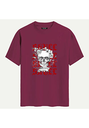 Unisex Bisiklet Yaka %100 Organik Pamuklu Kalın Dokulu Skull Baskılı Oversize T-shirt - BORDO