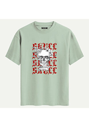 Unisex Bisiklet Yaka %100 Organik Pamuklu Kalın Dokulu Skull Baskılı Oversize T-shirt - BEJ