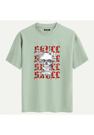 Unisex Bisiklet Yaka %100 Organik Pamuklu Kalın Dokulu Skull Baskılı Oversize T-shirt - BEJ