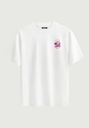 Unisex Bisiklet Yaka %100 Organik Pamuklu Kalın Dokulu Tokyo Baskılı Oversize T-shirt - BEYAZ