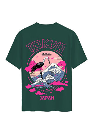 Unisex Bisiklet Yaka %100 Organik Pamuklu Kalın Dokulu Tokyo Baskılı Oversize T-shirt - KOYU YEŞİL