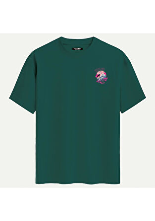 Unisex Bisiklet Yaka %100 Organik Pamuklu Kalın Dokulu Tokyo Baskılı Oversize T-shirt - KOYU YEŞİL