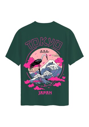 Unisex Bisiklet Yaka %100 Organik Pamuklu Kalın Dokulu Tokyo Baskılı Oversize T-shirt - KOYU YEŞİL