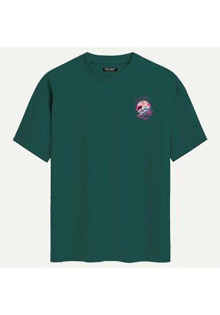 Unisex Bisiklet Yaka %100 Organik Pamuklu Kalın Dokulu Tokyo Baskılı Oversize T-shirt - KOYU YEŞİL