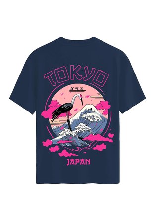 Unisex Bisiklet Yaka %100 Organik Pamuklu Kalın Dokulu Tokyo Baskılı Oversize T-shirt - LACİVERT