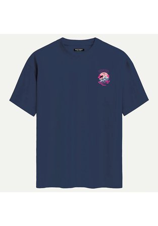 Unisex Bisiklet Yaka %100 Organik Pamuklu Kalın Dokulu Tokyo Baskılı Oversize T-shirt - LACİVERT