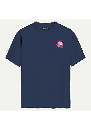 Unisex Bisiklet Yaka %100 Organik Pamuklu Kalın Dokulu Tokyo Baskılı Oversize T-shirt - LACİVERT