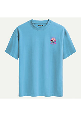 Unisex Bisiklet Yaka %100 Organik Pamuklu Kalın Dokulu Tokyo Baskılı Oversize T-shirt - MAVİ