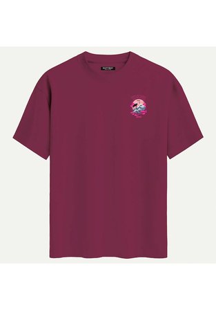 Unisex Bisiklet Yaka %100 Organik Pamuklu Kalın Dokulu Tokyo Baskılı Oversize T-shirt - BORDO