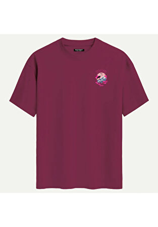 Unisex Bisiklet Yaka %100 Organik Pamuklu Kalın Dokulu Tokyo Baskılı Oversize T-shirt - BORDO