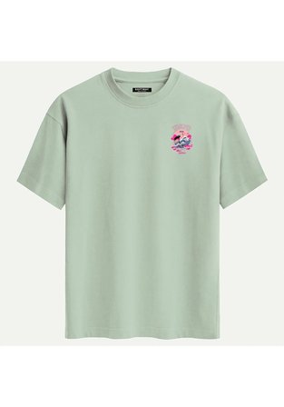Unisex Bisiklet Yaka %100 Organik Pamuklu Kalın Dokulu Tokyo Baskılı Oversize T-shirt - BEJ