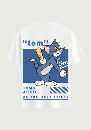 Unisex Bisiklet Yaka %100 Organik Pamuklu Kalın Dokulu Tom Baskılı Oversize T-shirt - BEYAZ