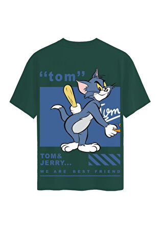 Unisex Bisiklet Yaka %100 Organik Pamuklu Kalın Dokulu Tom Baskılı Oversize T-shirt - KOYU YEŞİL