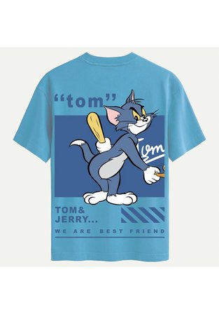 Unisex Bisiklet Yaka %100 Organik Pamuklu Kalın Dokulu Tom Baskılı Oversize T-shirt - MAVİ