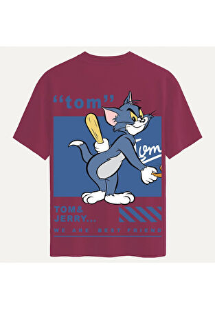 Unisex Bisiklet Yaka %100 Organik Pamuklu Kalın Dokulu Tom Baskılı Oversize T-shirt - BORDO