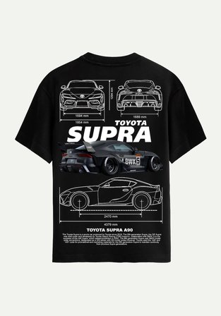 Unisex Bisiklet Yaka %100 Organik Pamuklu Kalın Dokulu Toyota Supra A90 Baskılı Oversize T-shirt - SİYAH