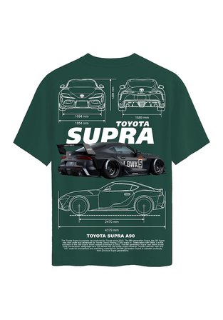 Unisex Bisiklet Yaka %100 Organik Pamuklu Kalın Dokulu Toyota Supra A90 Baskılı Oversize T-shirt - KOYU YEŞİL