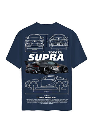 Unisex Bisiklet Yaka %100 Organik Pamuklu Kalın Dokulu Toyota Supra A90 Baskılı Oversize T-shirt - LACİVERT