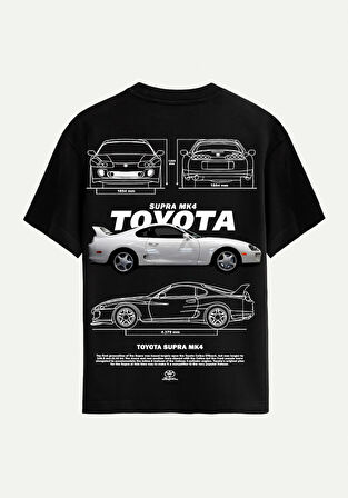 Unisex Bisiklet Yaka %100 Organik Pamuklu Kalın Dokulu Toyota Supra mk4 Baskılı Oversize T-shirt - SİYAH