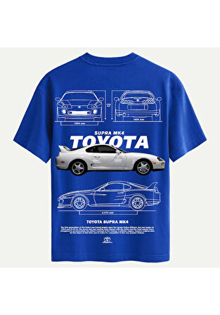 Unisex Bisiklet Yaka %100 Organik Pamuklu Kalın Dokulu Toyota Supra mk4 Baskılı Oversize T-shirt - SAKS MAVİSİ