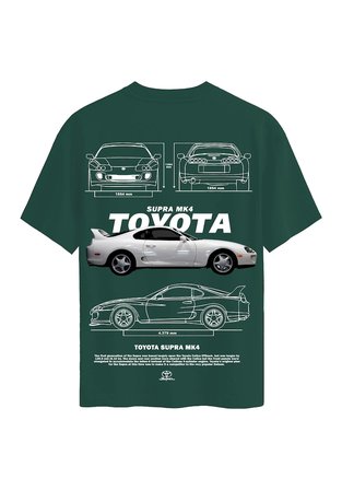 Unisex Bisiklet Yaka %100 Organik Pamuklu Kalın Dokulu Toyota Supra mk4 Baskılı Oversize T-shirt - KOYU YEŞİL