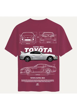 Unisex Bisiklet Yaka %100 Organik Pamuklu Kalın Dokulu Toyota Supra mk4 Baskılı Oversize T-shirt - BORDO