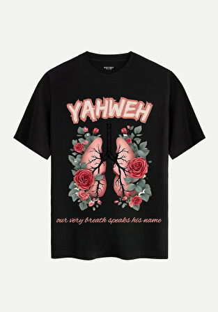 Unisex Bisiklet Yaka %100 Organik Pamuklu Kalın Dokulu YAHWEH Baskılı Oversize T-shirt - SİYAH