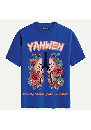 Unisex Bisiklet Yaka %100 Organik Pamuklu Kalın Dokulu YAHWEH Baskılı Oversize T-shirt - SAKS MAVİSİ