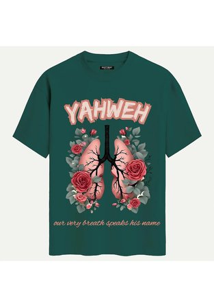 Unisex Bisiklet Yaka %100 Organik Pamuklu Kalın Dokulu YAHWEH Baskılı Oversize T-shirt - KOYU YEŞİL