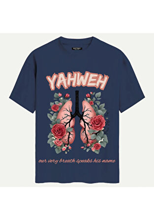Unisex Bisiklet Yaka %100 Organik Pamuklu Kalın Dokulu YAHWEH Baskılı Oversize T-shirt - LACİVERT