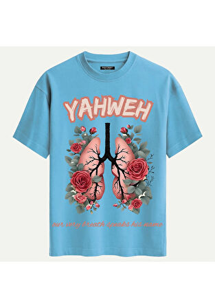 Unisex Bisiklet Yaka %100 Organik Pamuklu Kalın Dokulu YAHWEH Baskılı Oversize T-shirt - MAVİ