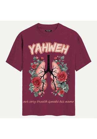Unisex Bisiklet Yaka %100 Organik Pamuklu Kalın Dokulu YAHWEH Baskılı Oversize T-shirt - BORDO