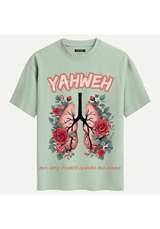 Unisex Bisiklet Yaka %100 Organik Pamuklu Kalın Dokulu YAHWEH Baskılı Oversize T-shirt - BEJ