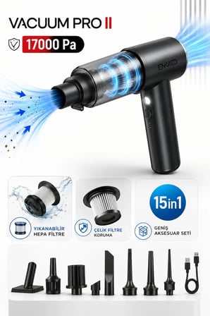 Enkado Vacuum Pro II Şarjlı Araç Süpürgesi 17000 Pa Kablosuz El Süpürgesi HEPA Filtreli 9 Aparatlı 100W Mini Süpürge