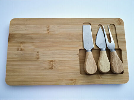 Doğal Bambu Bıçaklı Peynir Servis Sunum Tabağı Kahvaltı Sunum Tahtası Seti 4 Parça 30x17 Cm