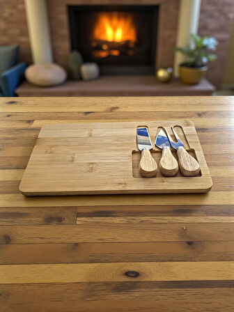 Doğal Bambu Bıçaklı Peynir Servis Sunum Tabağı Kahvaltı Sunum Tahtası Seti 4 Parça 30x17 Cm