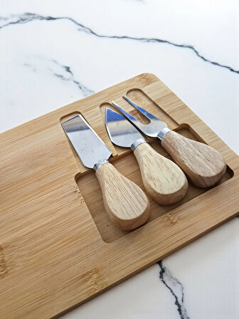 Doğal Bambu Bıçaklı Peynir Servis Sunum Tabağı Kahvaltı Sunum Tahtası Seti 4 Parça 30x17 Cm