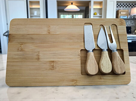 Doğal Bambu Bıçaklı Peynir Servis Sunum Tabağı Kahvaltı Sunum Tahtası Seti 4 Parça 30x17 Cm