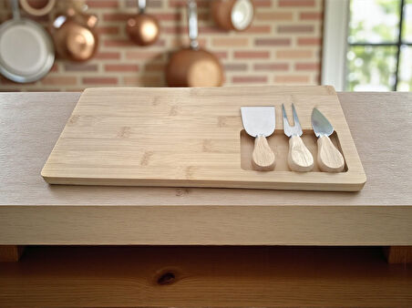 Doğal Bambu Bıçaklı Peynir Servis Sunum Tabağı Kahvaltı Sunum Tahtası Seti 4 Parça 38x18 Cm