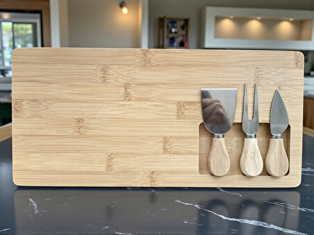 Doğal Bambu Bıçaklı Peynir Servis Sunum Tabağı Kahvaltı Sunum Tahtası Seti 4 Parça 38x18 Cm