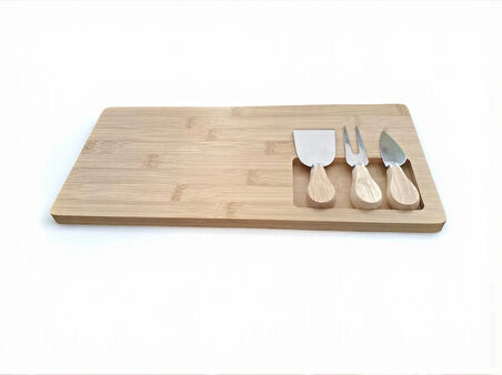 Doğal Bambu Bıçaklı Peynir Servis Sunum Tabağı Kahvaltı Sunum Tahtası Seti 4 Parça 38x18 Cm