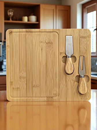 Doğal Bambu Bıçaklı Peynir Servis Sunum Tabağı Kahvaltı Sunum Tahtası Seti 3 Parça 30x25 Cm