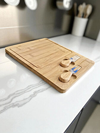 Doğal Bambu Bıçaklı Peynir Servis Sunum Tabağı Kahvaltı Sunum Tahtası Seti 3 Parça 30x25 Cm