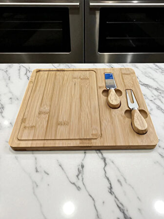 Doğal Bambu Bıçaklı Peynir Servis Sunum Tabağı Kahvaltı Sunum Tahtası Seti 3 Parça 30x25 Cm