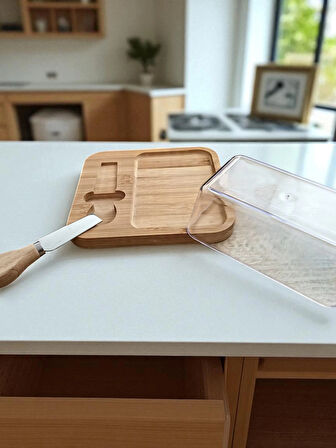 Doğal Bambu Bıçaklı Peynir Servis Sunum Tabağı Plastik Kapaklı Set 3 Parça 18x18 Cm