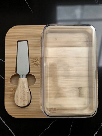 Doğal Bambu Bıçaklı Peynir Servis Sunum Tabağı Plastik Kapaklı Set 3 Parça 18x18 Cm