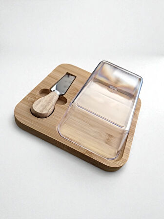 Doğal Bambu Bıçaklı Peynir Servis Sunum Tabağı Plastik Kapaklı Set 3 Parça 18x18 Cm