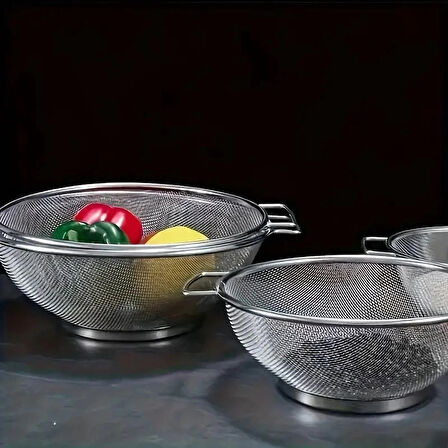 Paslanmaz Çelik Kulplu Tel Çok Amaçlı Makarna Un Meyve Sebze 2'li Süzgeç 26 22  Cm